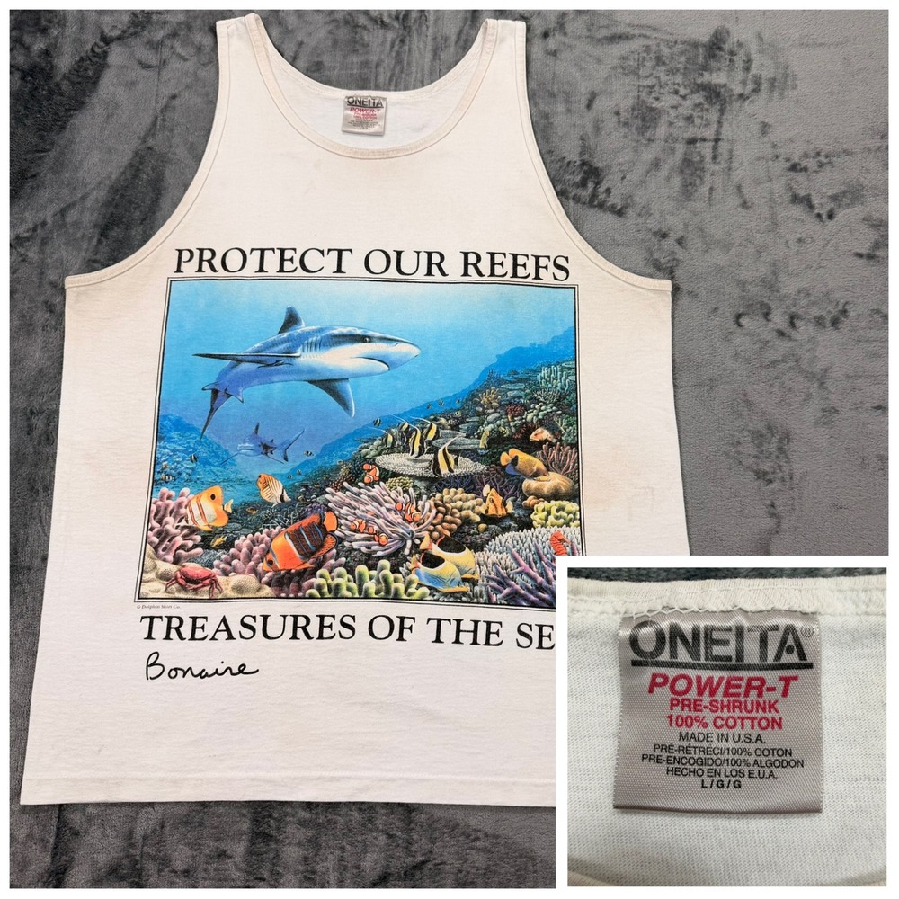VTG Oneita 80s 90s Single Stitch‎ Bonaire Diving Tank Top Reefs Royce Large